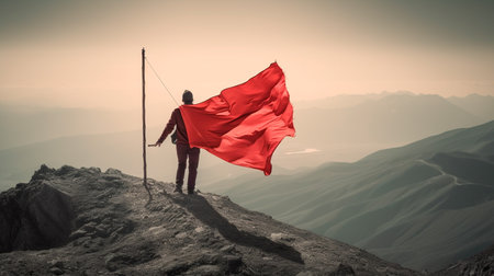 Reaching a goal concept - mountaineer with red flag on mountain. Generative AI illustratorの素材