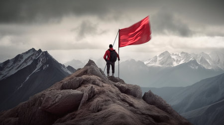 Reaching a goal concept - mountaineer with red flag on mountain. Generative AI illustratorの素材