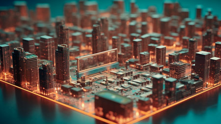 Smart city on circuit board background. Futuristic cyberspace concept. Generative AI technologyの素材