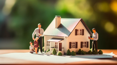 Young people and a miniature house on the table. Generative AI illustratorの素材
