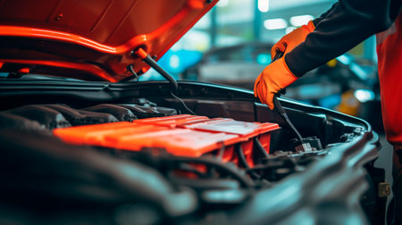 close-up of man's hands holding car engine. Generative AI illustratorの素材