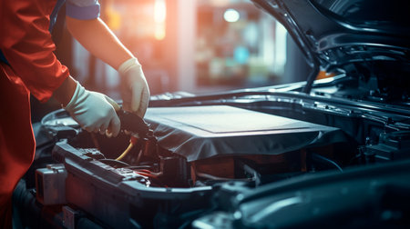 close-up of man's hands holding car engine. Generative AI illustratorの素材