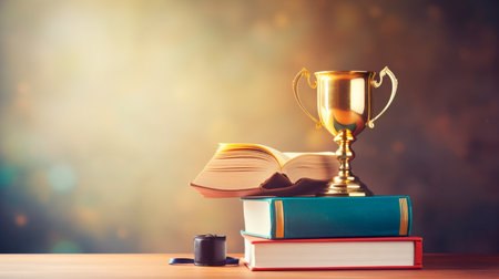 books and golden cup on the desk. educational background. Generative AI illustratorの素材
