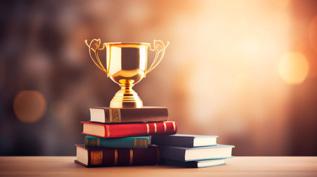 books and golden cup on the desk. educational background. Generative AI illustratorの素材