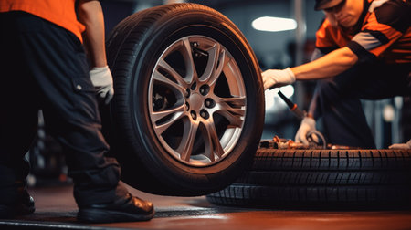 male mechanic in uniform repairing car in service centerの素材