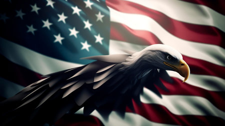 Wavy American flag with an eagle symbolize. Generative AI Technologyの素材