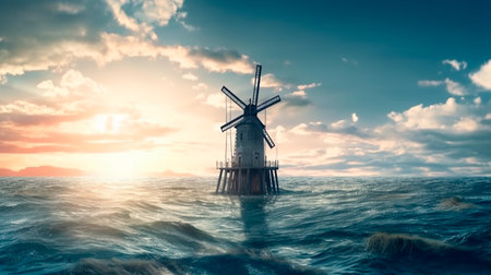Windmill in the middle of the sea. Generative AI illustratorの素材