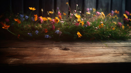 Wildflowers and wooden table background. Generative AI Technologyの素材