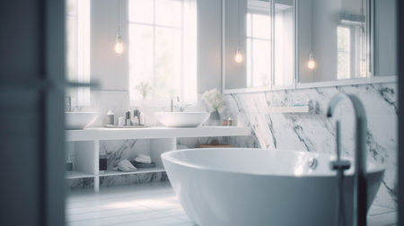 White bathroom interior. Empty marble table top for product display with blurred bathroom interior background. digital ai art. Generative AI illustratorの素材