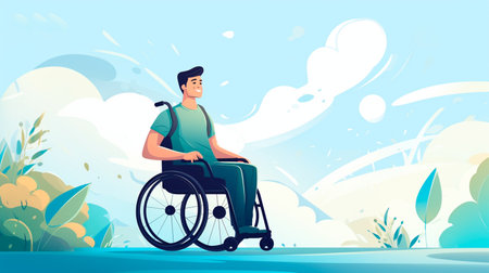 young male volunteer in wheelchair in the park.の素材