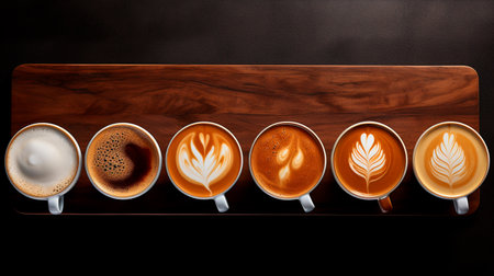 set of cups with coffee beans and coffee on black backgroundの素材