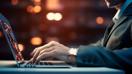 businessman working on laptop at night timeの素材
