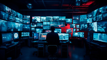 male hacker in a room in front of monitorsの素材