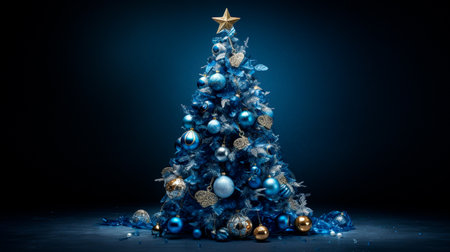 christmas tree with blue and silver toys on the dark background with bokeh lights. holiday card.の素材