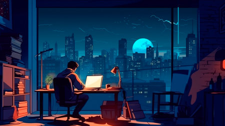 Young professional working from home throughout the evening. Young businessman in a nighttime metropolis, focused, using a computer at his desk. Homework on concepts drawing of a cartoon. Generative AI technologyの素材