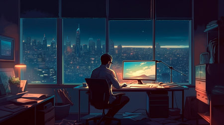 Young professional working from home throughout the evening. Young businessman in a nighttime metropolis, focused, using a computer at his desk. Homework on concepts drawing of a cartoon. Generative AI technologyの素材