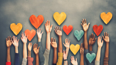 Group of diverse people with arms and hands raised towards hand painted hearts. Charity donation, volunteer work, support, assistance. multicultural community. people diversity. Generative AI illustratorの素材