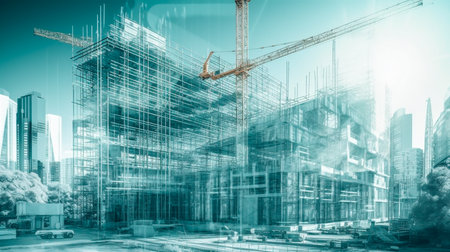 illustration digital building construction engineering with double exposure graphic design. Building engineers, architect people, or construction workers working. Generative AI illustratorの素材