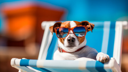 Jack russell terrier dog with sunglasses sunbathing on sun lounger. summer and vacation concepts. Generative AI illustratorの素材