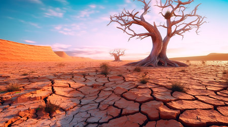 Landscape of dry cracked earth and dead tree. Generative AI illustratorの素材