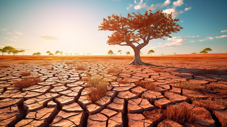 Landscape of dry cracked earth and dead tree. Generative AI illustratorの素材