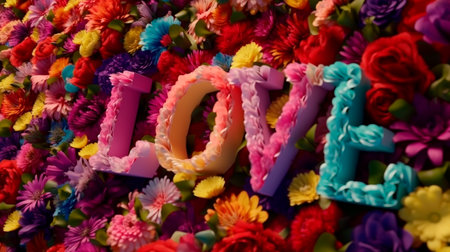 Love text letters design with colorful flowers in nature. Generative AI illustratorの素材