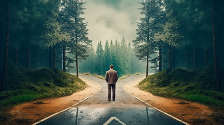 Man at two roads deciding for best chance of environment protection. Generative AI illustratorの素材