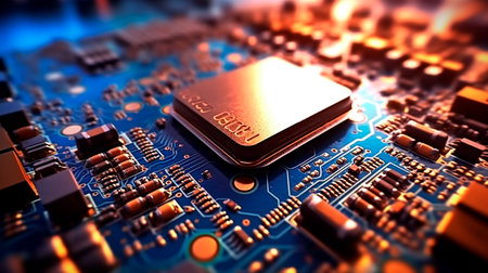 Microchip, surface zoom in, macro, tech, computer. Generative AI Illustrationの素材
