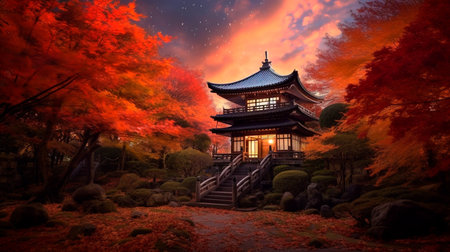 Nightfall at Rurikoin Temple in Kyoto with fiery red autumn foliage. Generative AI illustratorの素材