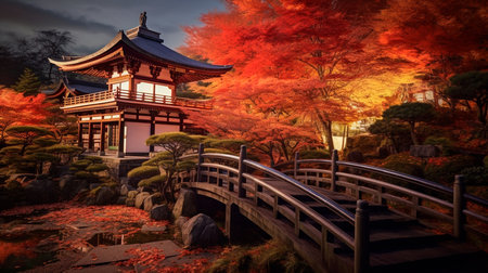 Nightfall at Rurikoin Temple in Kyoto with fiery red autumn foliage. Generative AI illustratorの素材