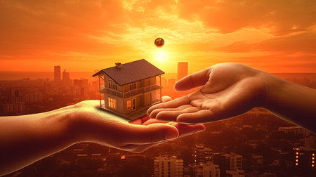 My precious home on the hands of a happy family and real estate investment and housing architecture and sunset background. Generative AI illustratorの素材