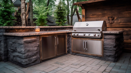 Outdoor kitchen with beautiful cooking grill with burning fire. Generative AI illustratorの素材