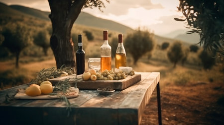 Outdoor rustic table with cheese, wine and olive oil in an italian scenery. food. traditional food. picnic. Table with plates and bottles. Italian landscape. Cheese platter. Generative AI illustratorの素材