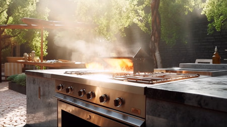 Outdoor kitchen with beautiful cooking grill with burning fire. Generative AI illustratorの素材