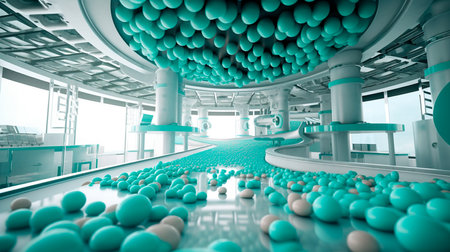 Pharmaceutical Industry's State-of-the-Art Factory with Pills on Conveyor. Generative AI illustratorの素材