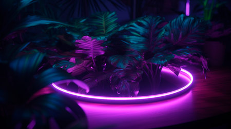 Purple, Circular Neon light with Tropical Leaves. Generative AI illustratorの素材