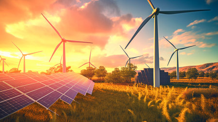 Renewable energy background with green energy as wind turbines and solar panel. Generative AI illustratorの素材