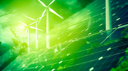 Renewable energy background with green energy as wind turbines and solar panel. Generative AI illustratorの素材