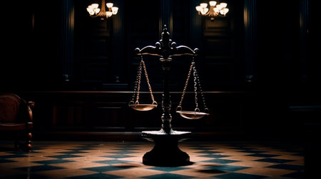 Scales of Justice in the dark Court Hall. Law concept of Judiciary, Jurisprudence and Justice. Copy space. Generative AI illustratorの素材