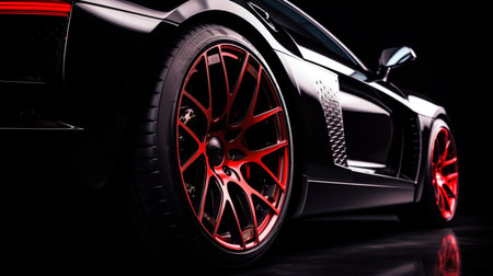 Sports car wheels, low profile tires on aluminum rims, closeup. Generative AI illustratorの素材