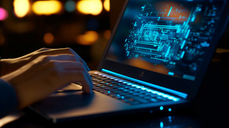 Software development concept. Coding programmer, software engineer working on laptop with javascript computer code on virtual screen, internet of things IoT, digital technology. Generative AI illustratorの素材