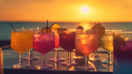 Summer cocktails on luxury tropical beach resort at sunset. Exotic summer drinks cocktails. Youth and summer vacation concept. Party, Vacations, summer holidays, summertime. Generative AI illustratorの素材