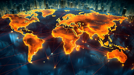 Supply Chain Network digital illustration of a world map with interconnected transportation routes for international logistics. Generative AI illustratorの素材