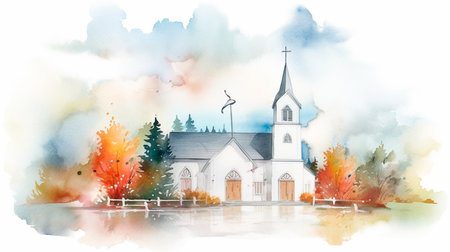 Watercolor Baptism Celebration Card with Church Frame. Generative AI illustratorの素材