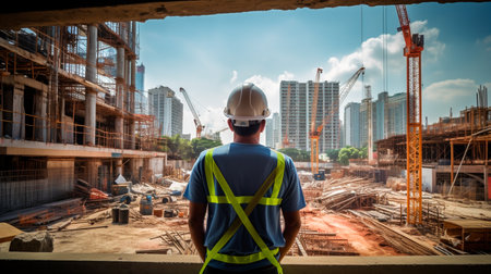 construction worker in helmet in front of construction site. Generative AI illustrationの素材