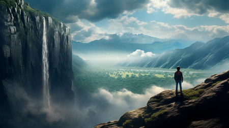 A man stands on the edge of a cliff in front of a beautiful landscape. Generative AI illustratorの素材