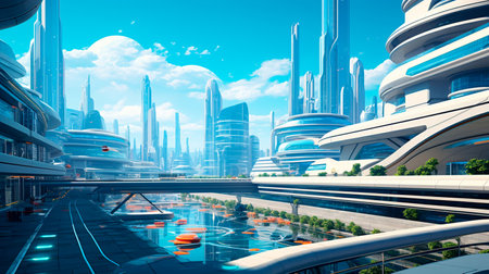 futuristic city sci fi fi with blue and white futuristic space background with glowing neon lights and alien planet with reflection. Generative AI illustratorの素材