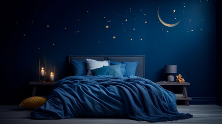 interior of dark bedroom with blue and gray wallsの素材