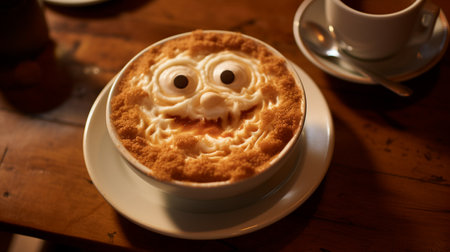 a cup of coffee with a smile on the tableの素材