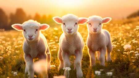 cute lambs in the flower fieldの素材
